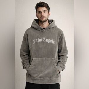 Palm Angels Gray Velour Hoodie Size M Embroidered Logo